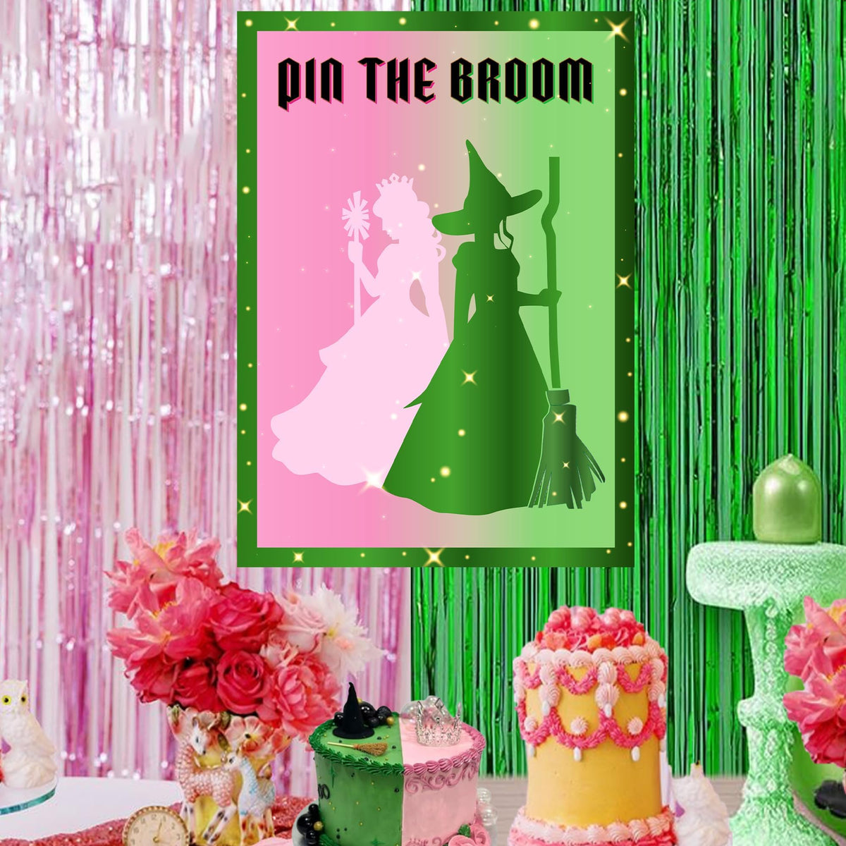 AFZMON Witch Party Decorations – Pin The Broom Poster with 24 Reusable Broom Stickers (Pink & Green)
