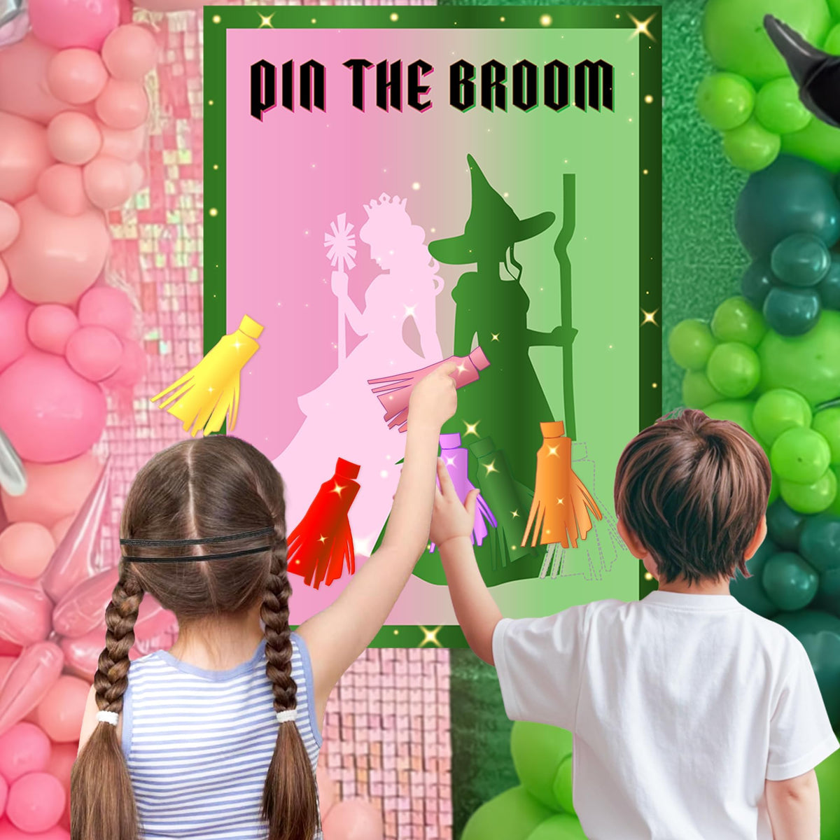 AFZMON Witch Party Decorations – Pin The Broom Poster with 24 Reusable Broom Stickers (Pink & Green)