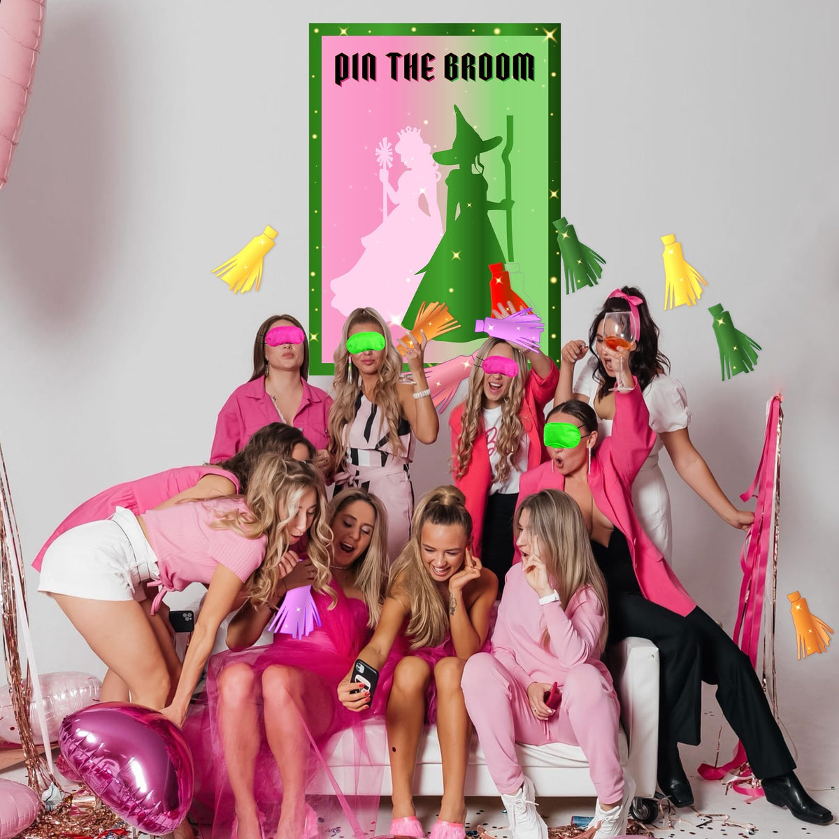 AFZMON Witch Party Decorations – Pin The Broom Poster with 24 Reusable Broom Stickers (Pink & Green)