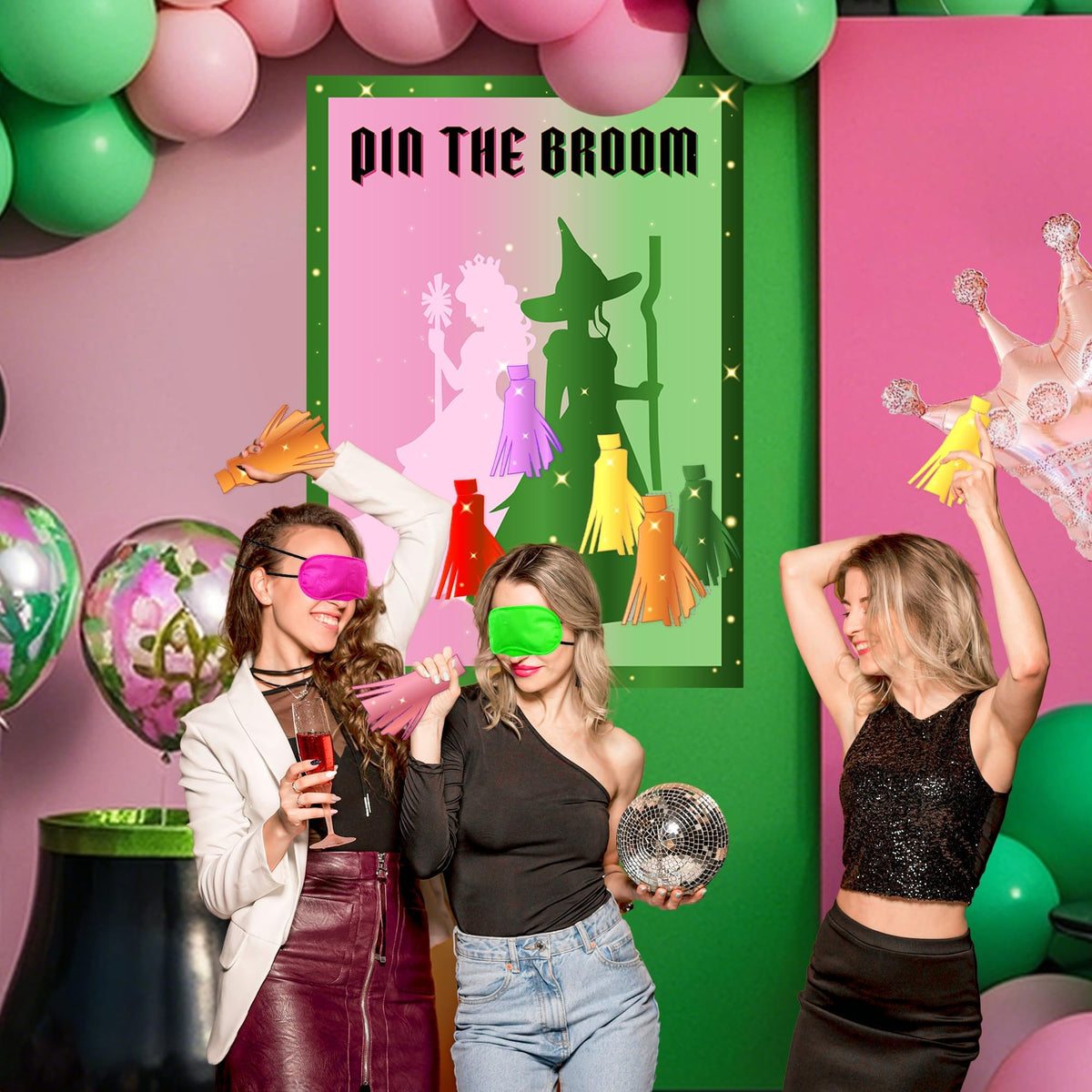 AFZMON Witch Party Decorations – Pin The Broom Poster with 24 Reusable Broom Stickers (Pink & Green)