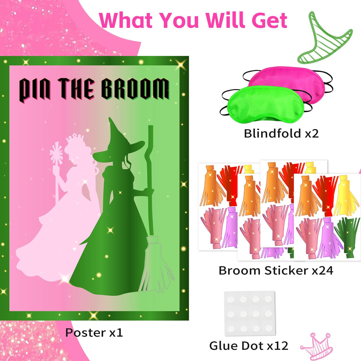 AFZMON Witch Party Decorations – Pin The Broom Poster with 24 Reusable Broom Stickers (Pink & Green)