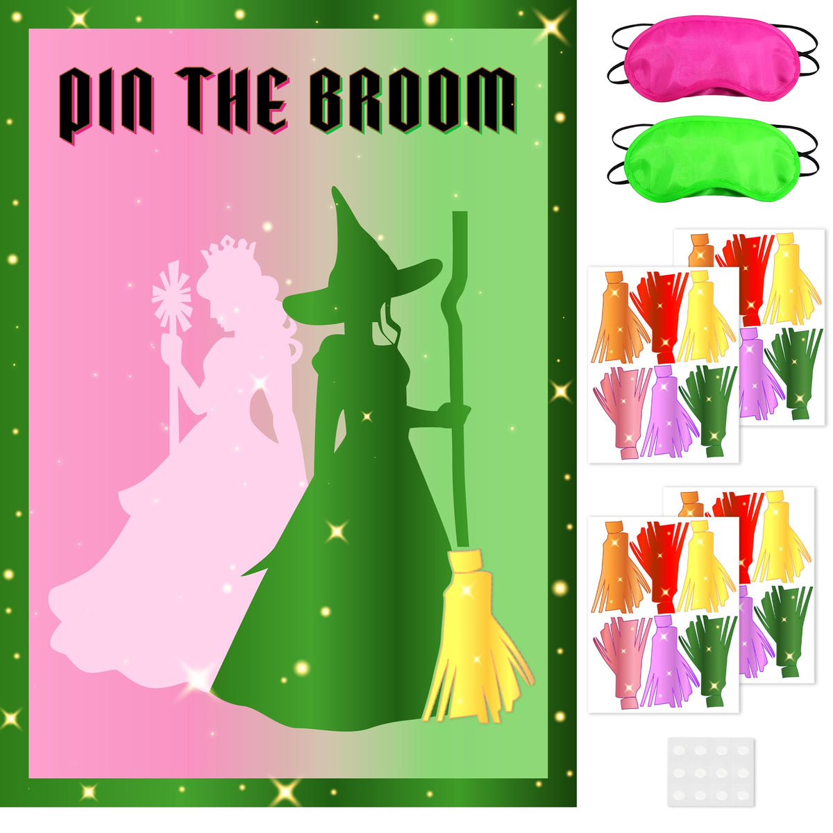 AFZMON Witch Party Decorations – Pin The Broom Poster with 24 Reusable Broom Stickers (Pink & Green)