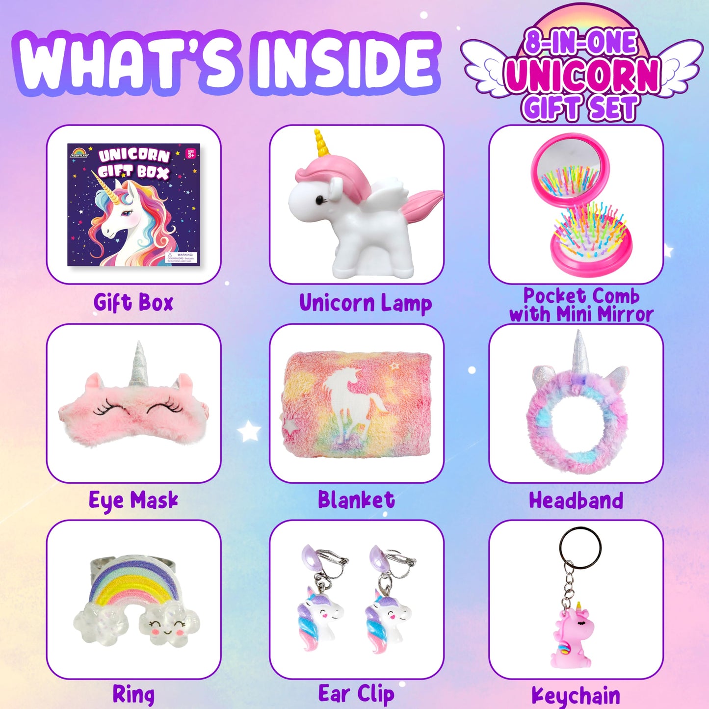 AGENTLAN Unicorn Glow Blanket Gift Set for Girls – Night Light Kit & Plush Accessories
