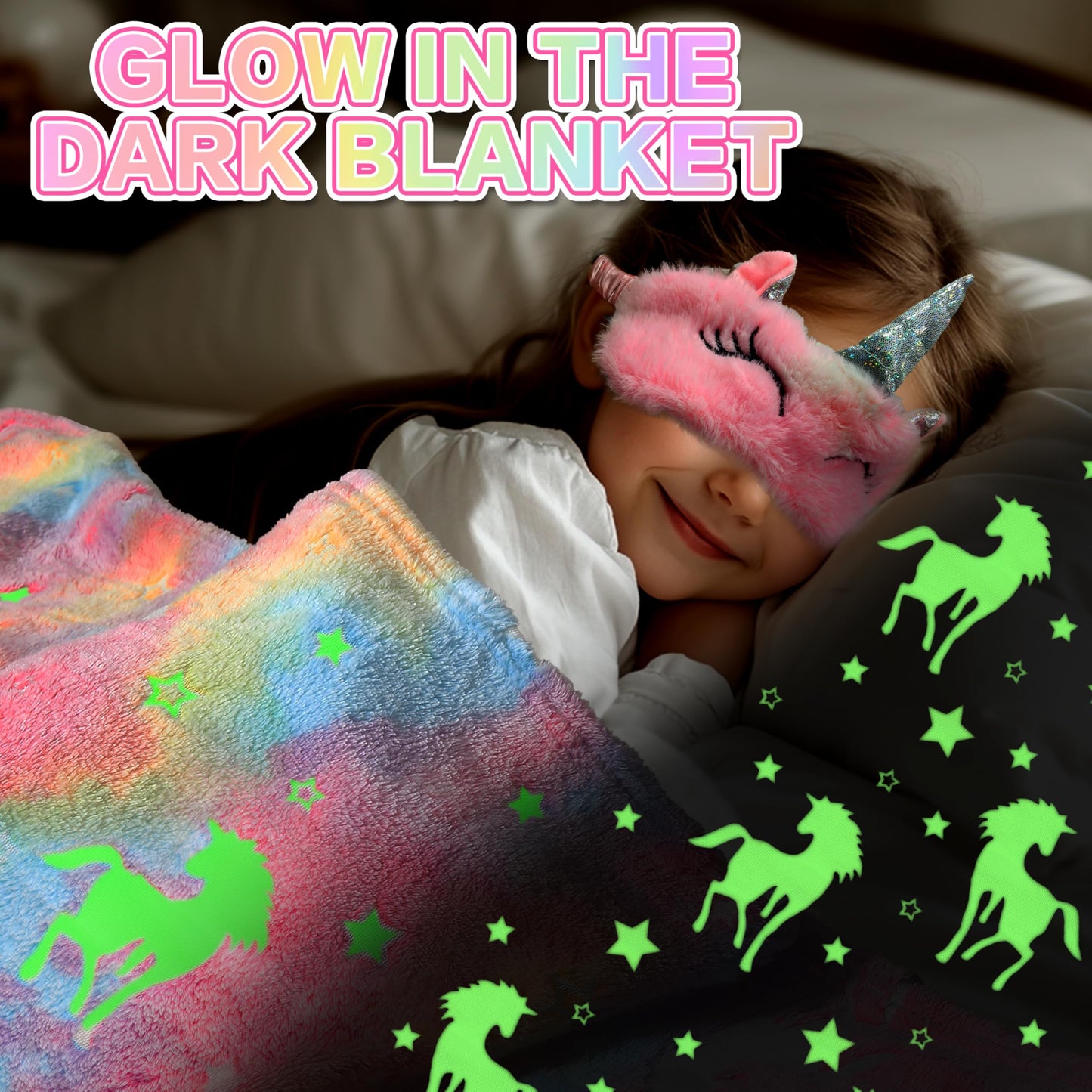 AGENTLAN Unicorn Glow Blanket Gift Set for Girls – Night Light Kit & Plush Accessories