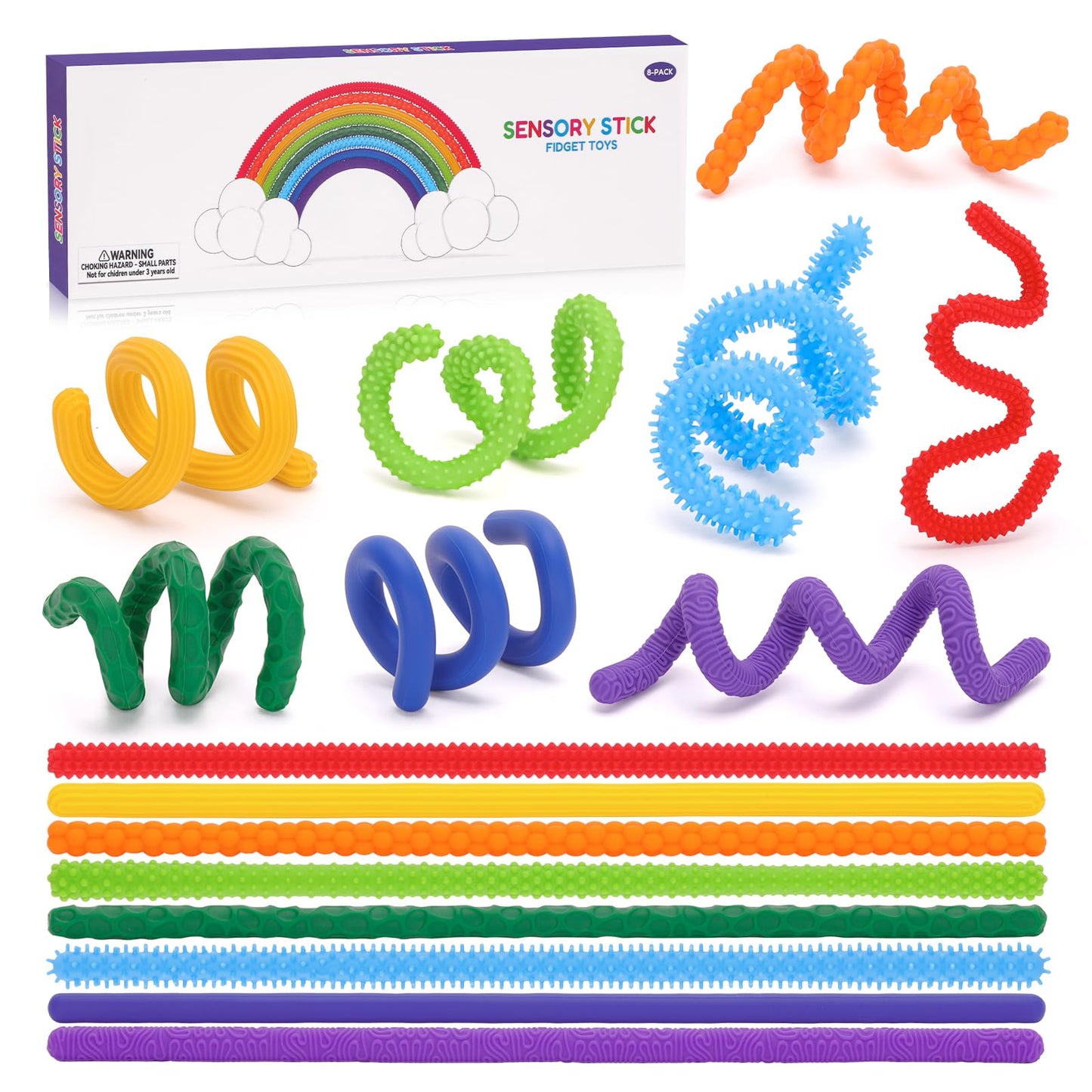 AGIFTMIND Sensory Sticks – 8-Pack Silicone Textured Fidget Toys for Focus, Travel, and Creative Play