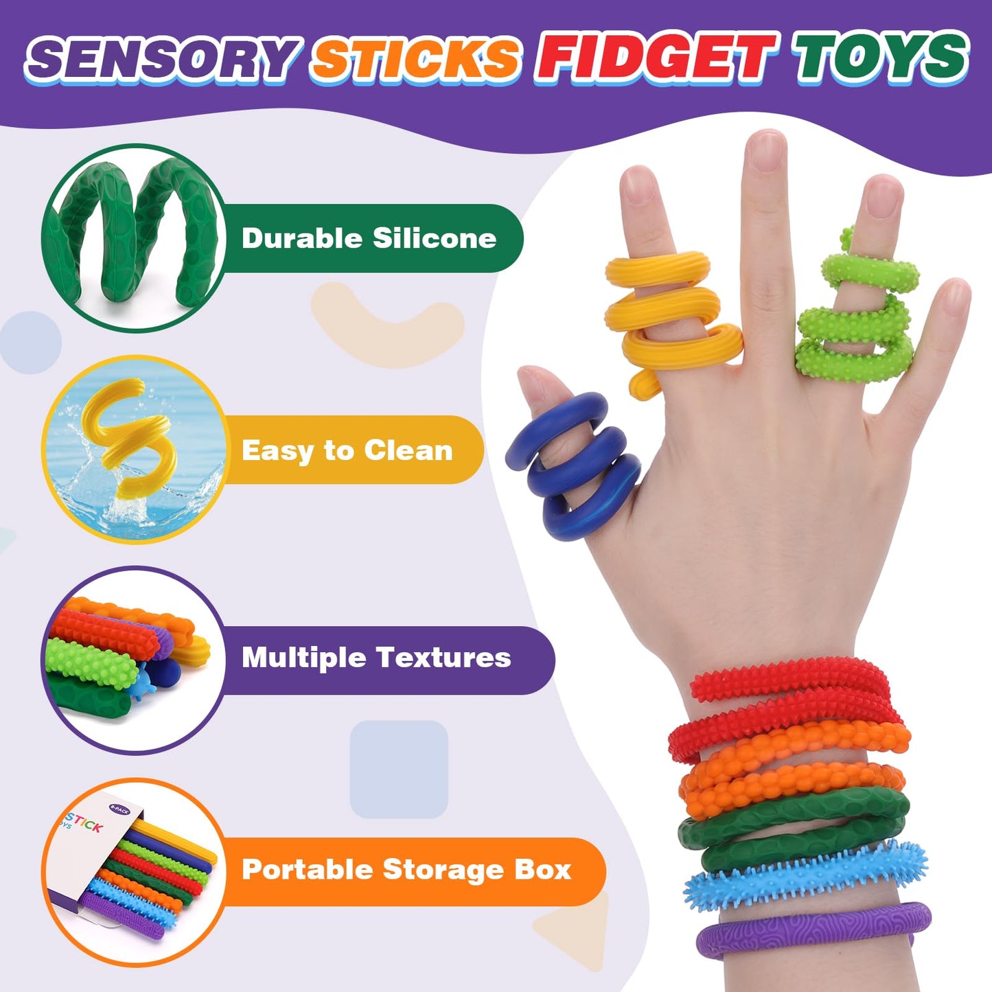 AGIFTMIND Sensory Sticks – 8-Pack Silicone Textured Fidget Toys for Focus, Travel, and Creative Play