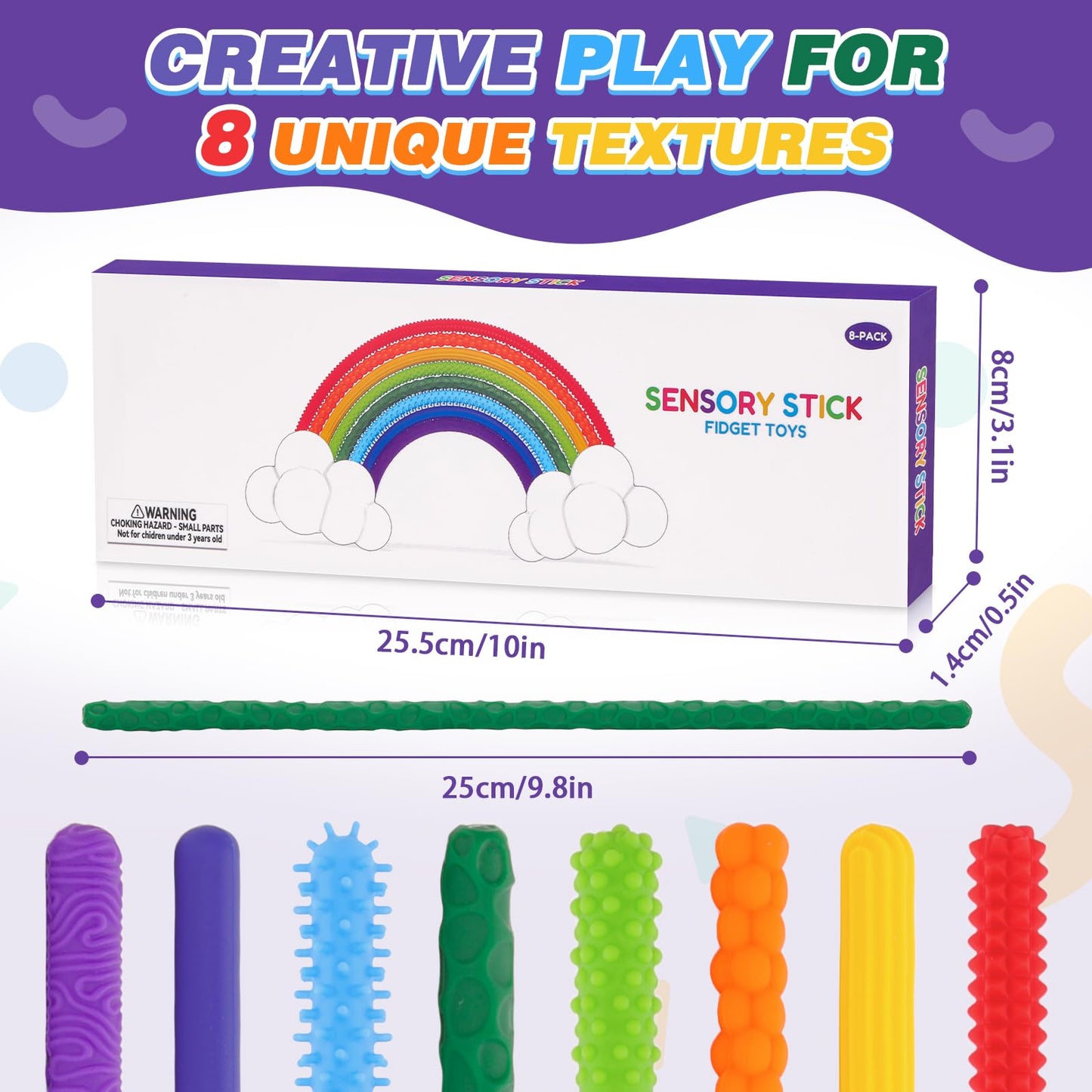 AGIFTMIND Sensory Sticks – 8-Pack Silicone Textured Fidget Toys for Focus, Travel, and Creative Play