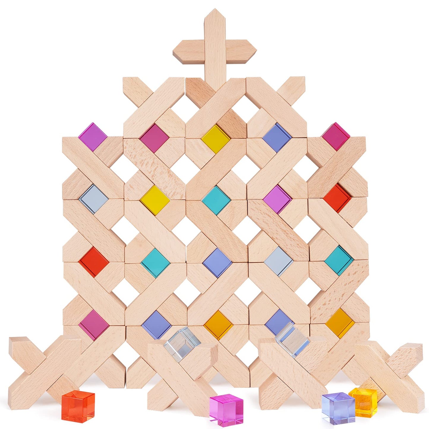 Agirlgle Wooden Rainbow Blocks – Montessori Rainbow Stacker Toy (80 Pcs)