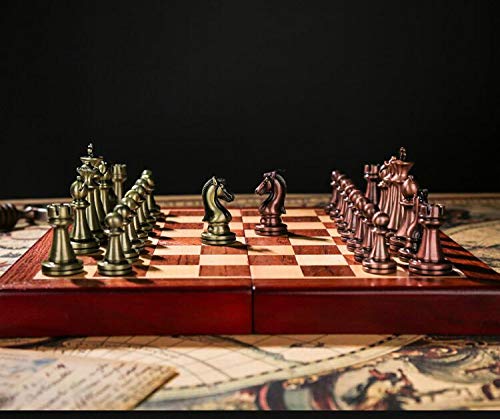Agirlgle Retro Metal Chess Set with Folding Wooden Board – Classic Handmade Pieces for Kids & Adults