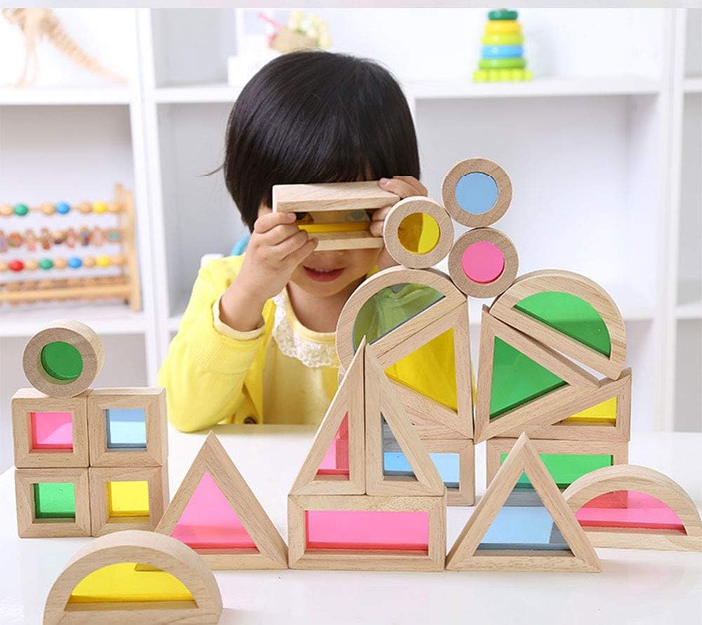 Agirlgle Wood Building Blocks Set for Kids – 24 Pcs Rainbow Stacker & Geometry Blocks