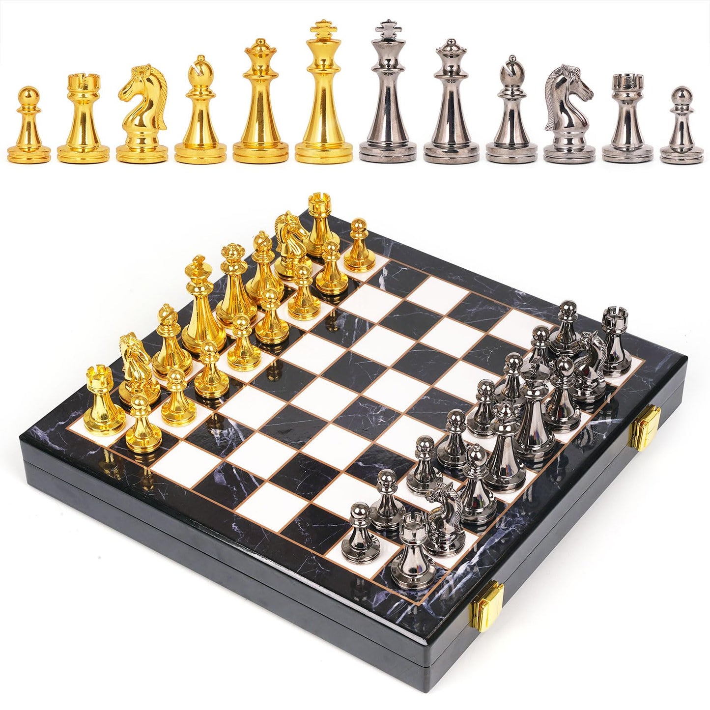 Agirlgle Metal Chess Set with Marbling Board, Travel Chess with Extra Queens – Zinc Alloy Pieces