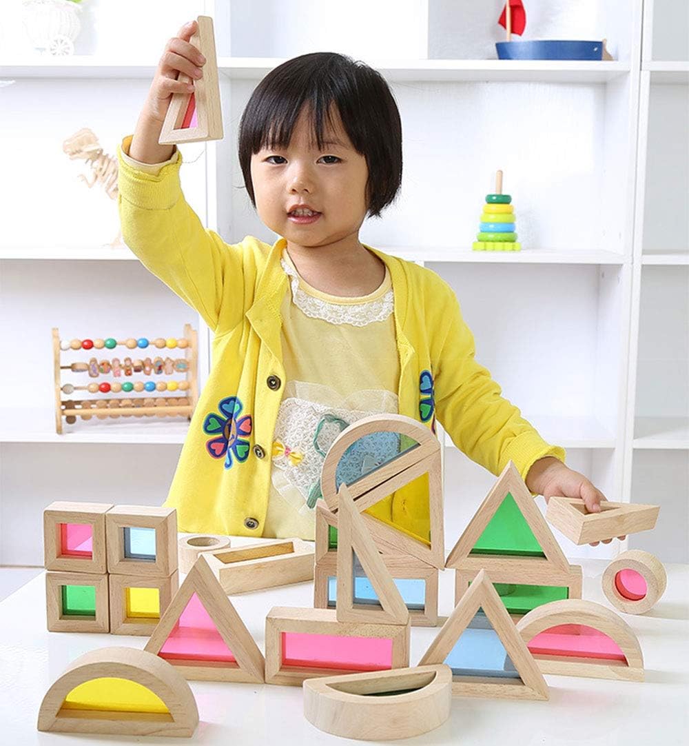 Agirlgle Wood Building Blocks Set for Kids – 24 Pcs Rainbow Stacker & Geometry Blocks