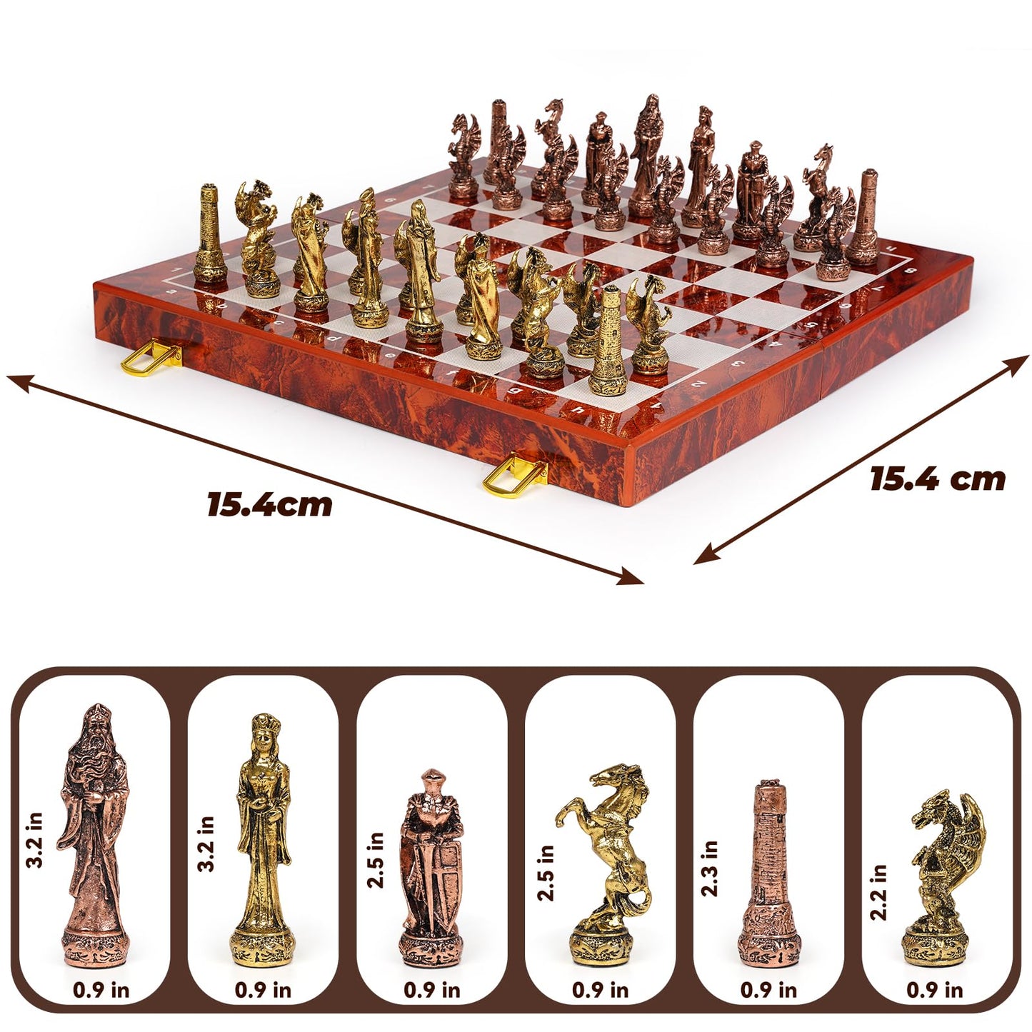 Agirlgle Vintage Metal Chess Set on 15-Inch Wooden Board | Portable Travel Chess