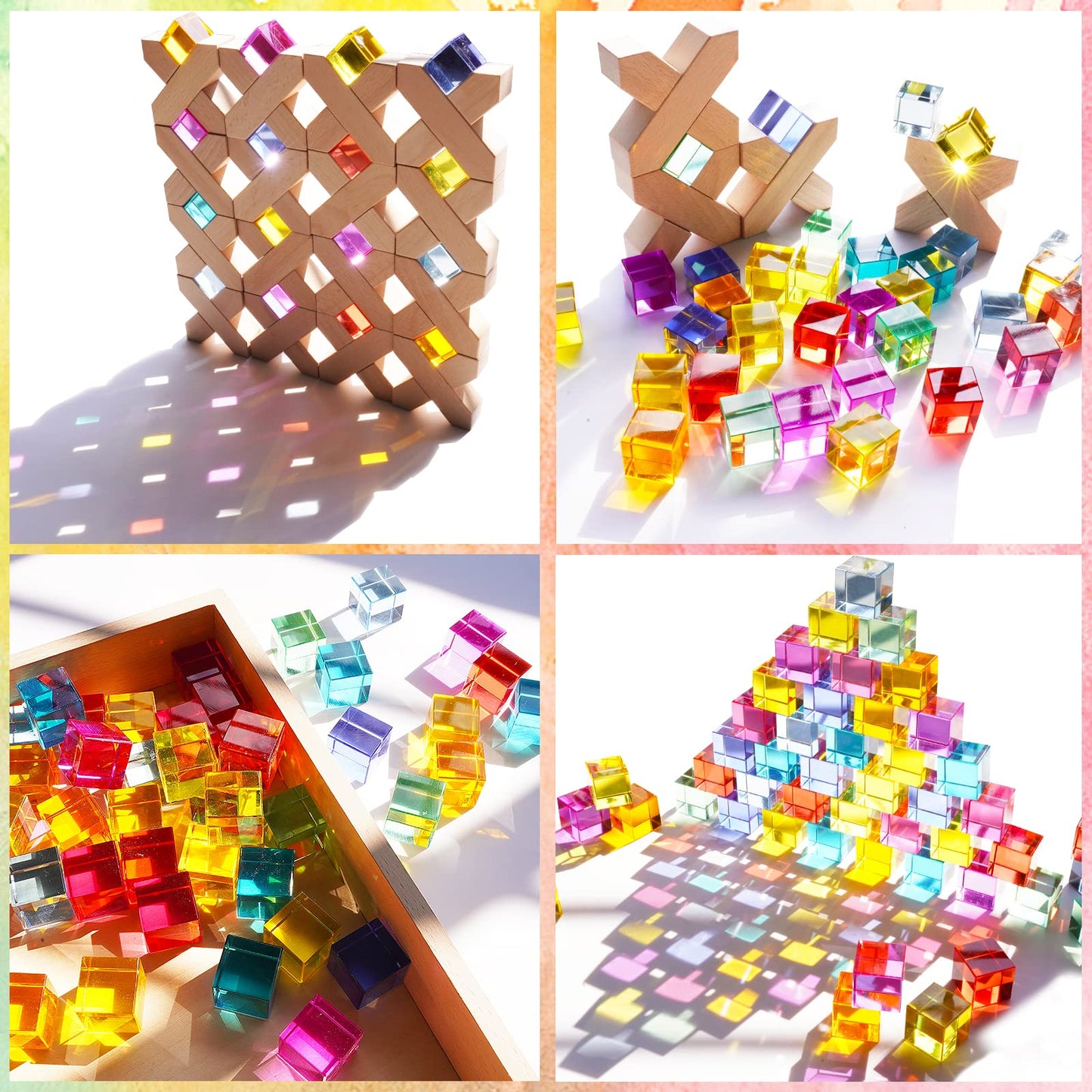 Agirlgle Wooden Rainbow Blocks – Montessori Rainbow Stacker Toy (80 Pcs)