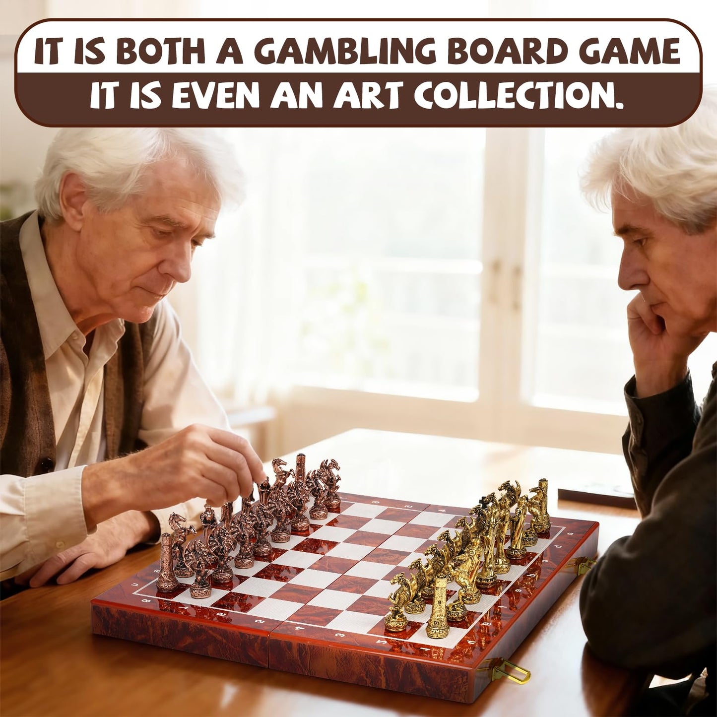 Agirlgle Vintage Metal Chess Set on 15-Inch Wooden Board | Portable Travel Chess