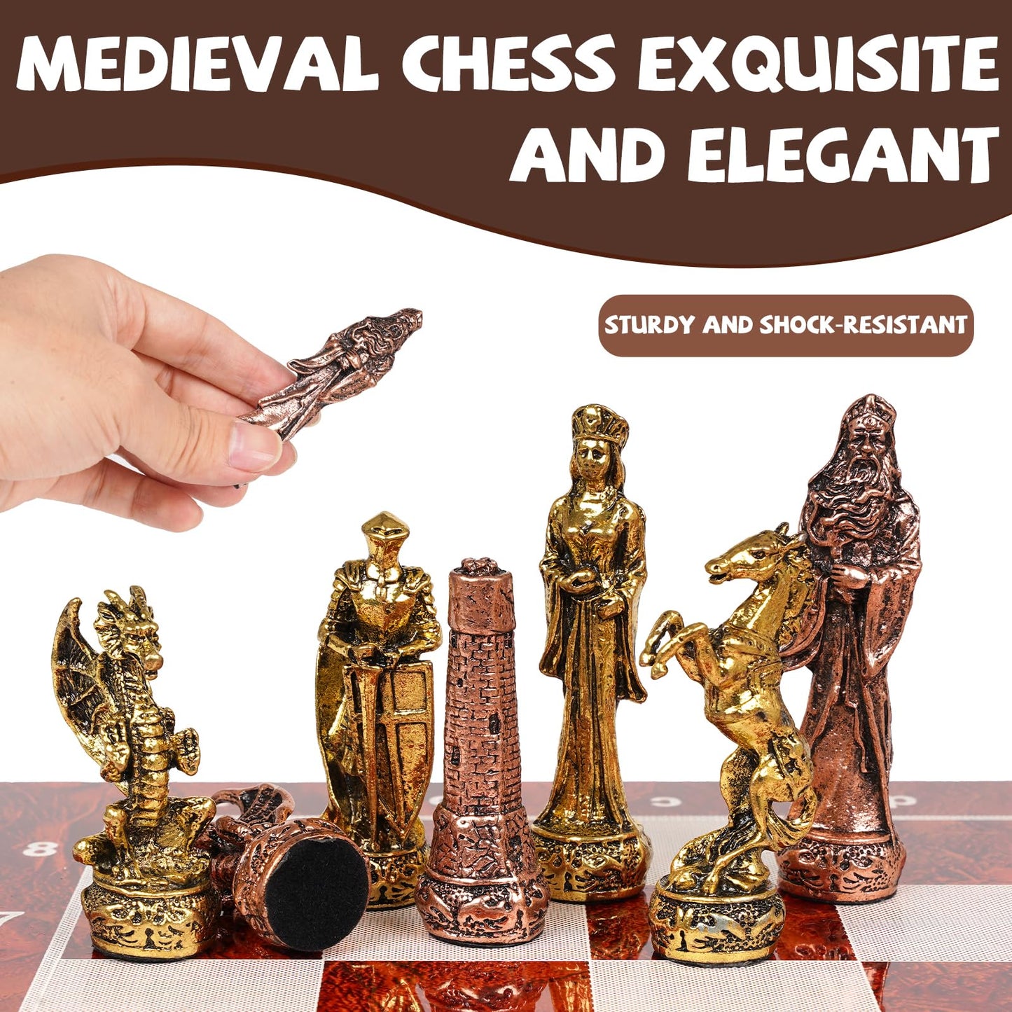 Agirlgle Vintage Metal Chess Set on 15-Inch Wooden Board | Portable Travel Chess