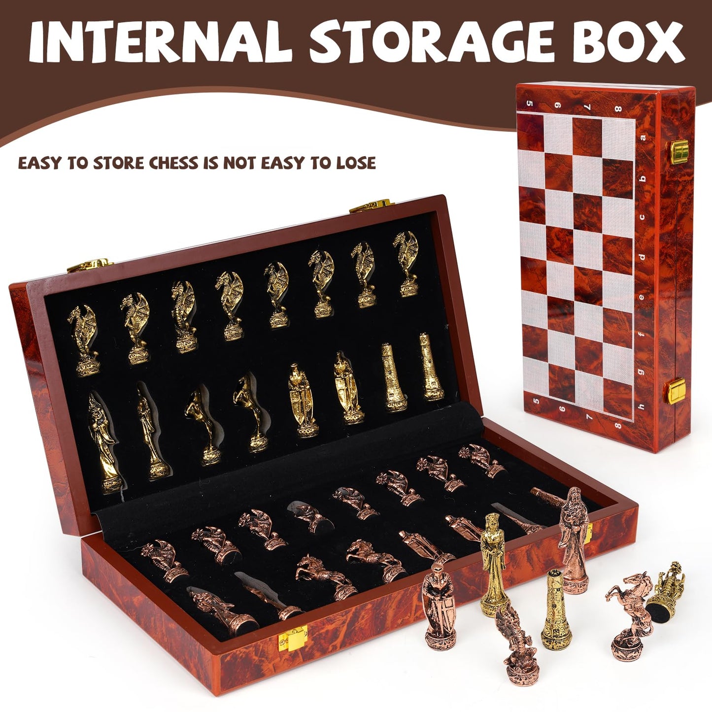 Agirlgle Vintage Metal Chess Set on 15-Inch Wooden Board | Portable Travel Chess