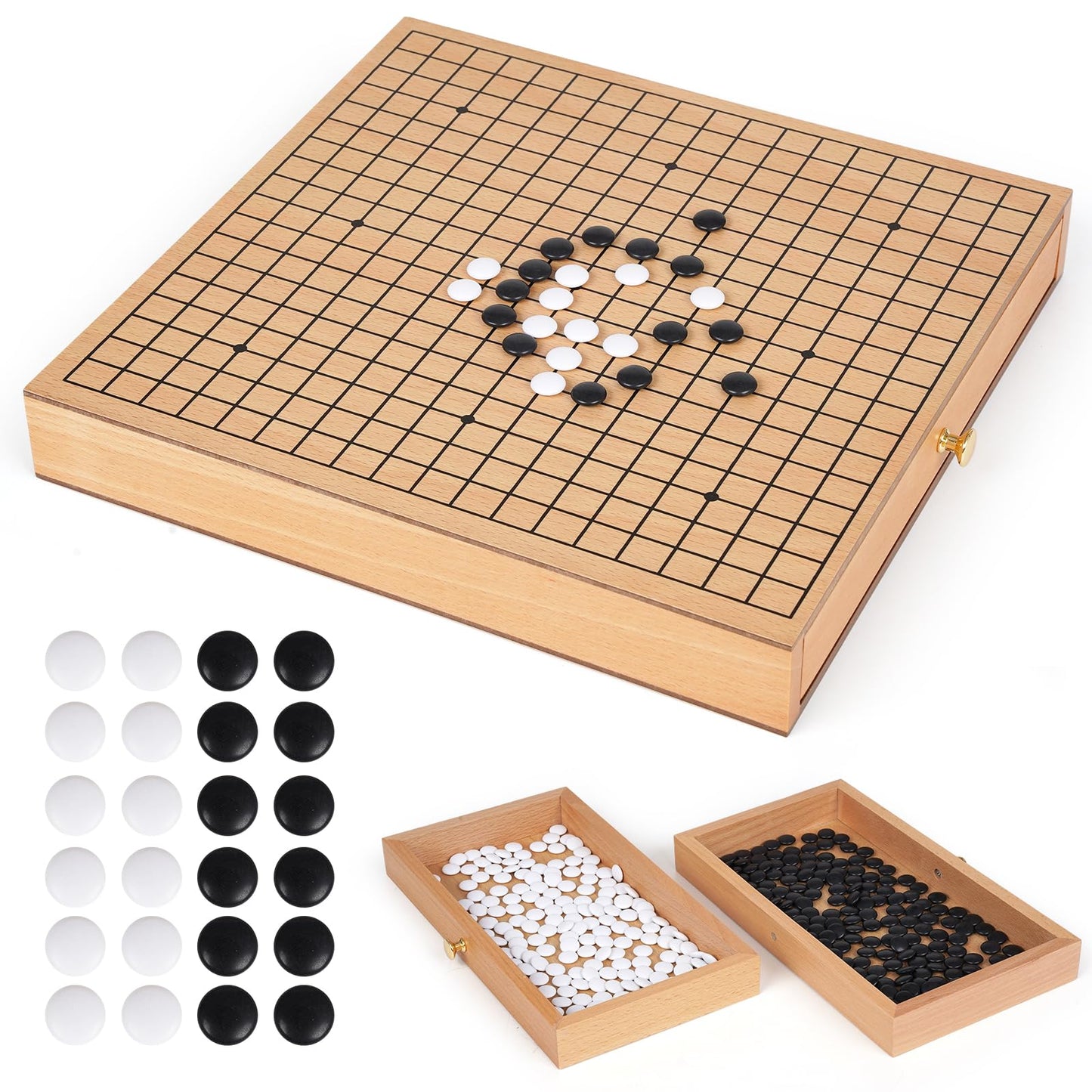 Agirlgle 12-Inch Wooden Go Board Set with Pull-Out Drawers | Premium Weiqi Board for Beginners to Pros
