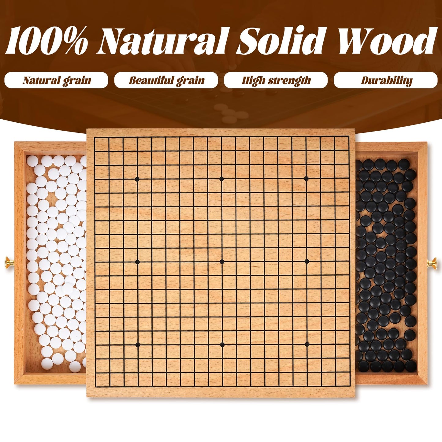 Agirlgle 12-Inch Wooden Go Board Set with Pull-Out Drawers | Premium Weiqi Board for Beginners to Pros