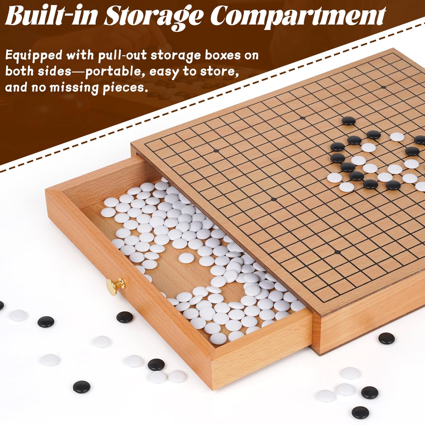 Agirlgle 12-Inch Wooden Go Board Set with Pull-Out Drawers | Premium Weiqi Board for Beginners to Pros
