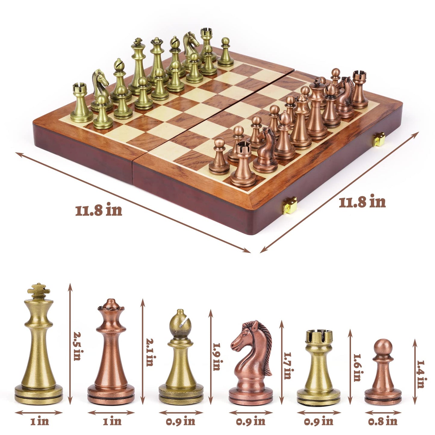 Agirlgle Retro Metal Chess Set with Folding Wooden Board – Classic Handmade Pieces for Kids & Adults