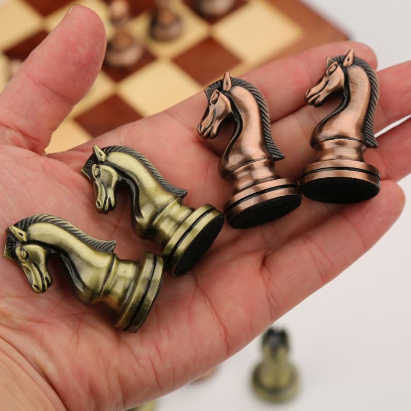 Agirlgle Retro Metal Chess Set with Folding Wooden Board – Classic Handmade Pieces for Kids & Adults