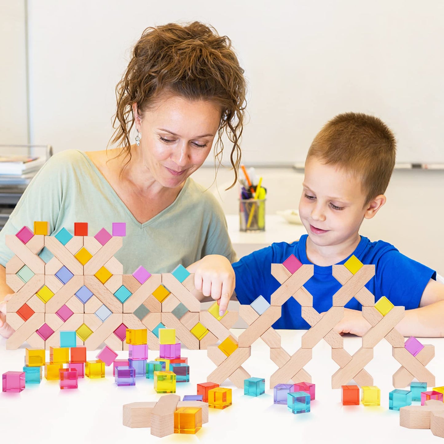 Agirlgle Wooden Rainbow Blocks – Montessori Rainbow Stacker Toy (80 Pcs)