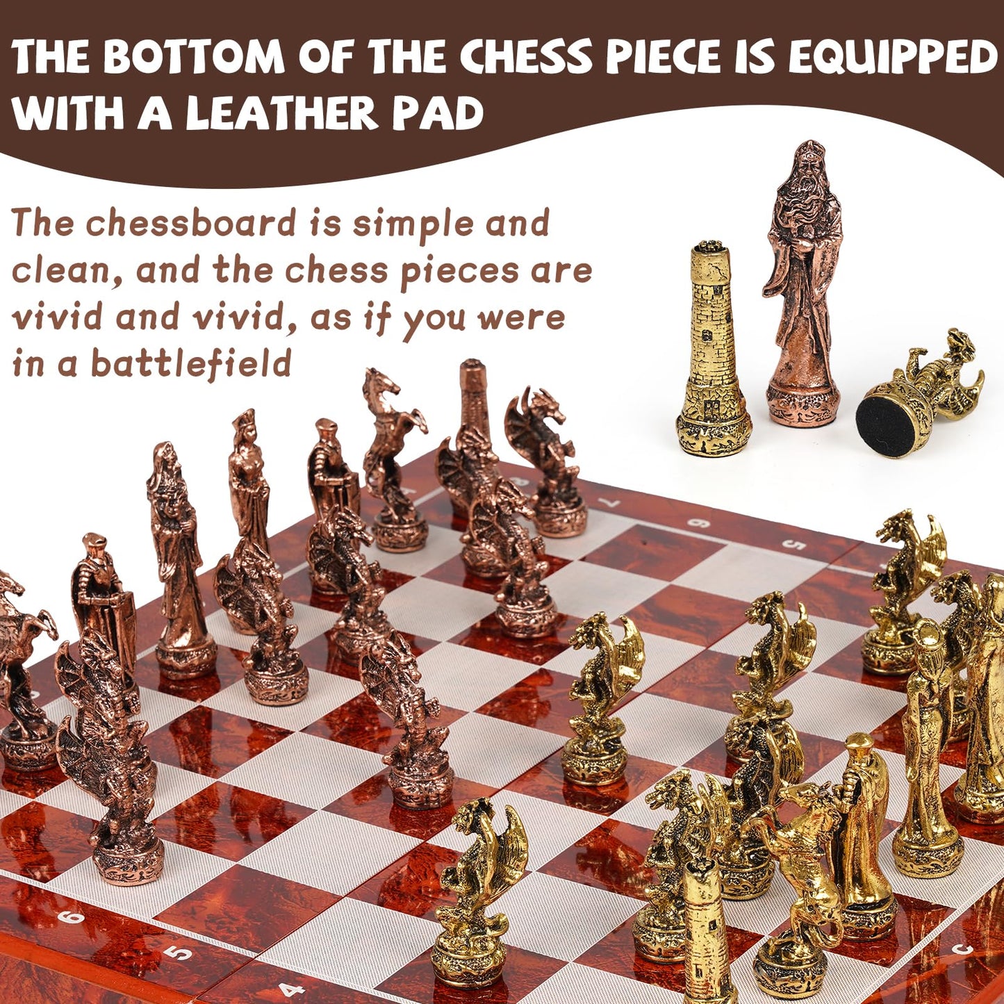 Agirlgle Vintage Metal Chess Set on 15-Inch Wooden Board | Portable Travel Chess