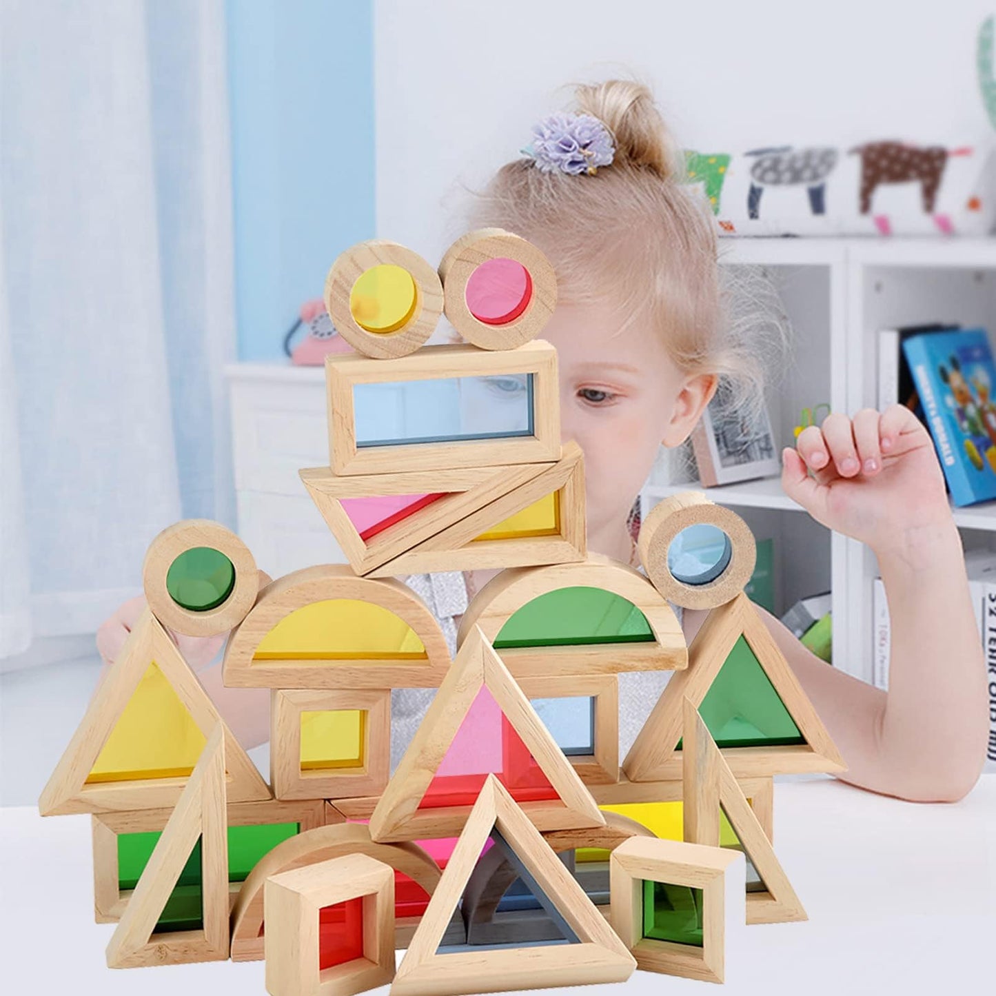 Agirlgle Wood Building Blocks Set for Kids – 24 Pcs Rainbow Stacker & Geometry Blocks