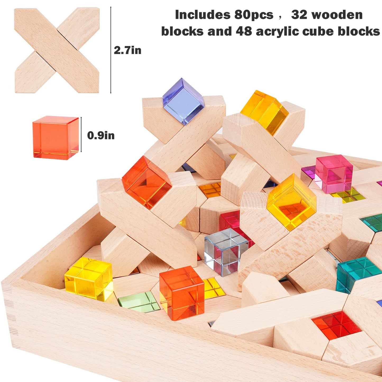 Agirlgle Wooden Rainbow Blocks – Montessori Rainbow Stacker Toy (80 Pcs)