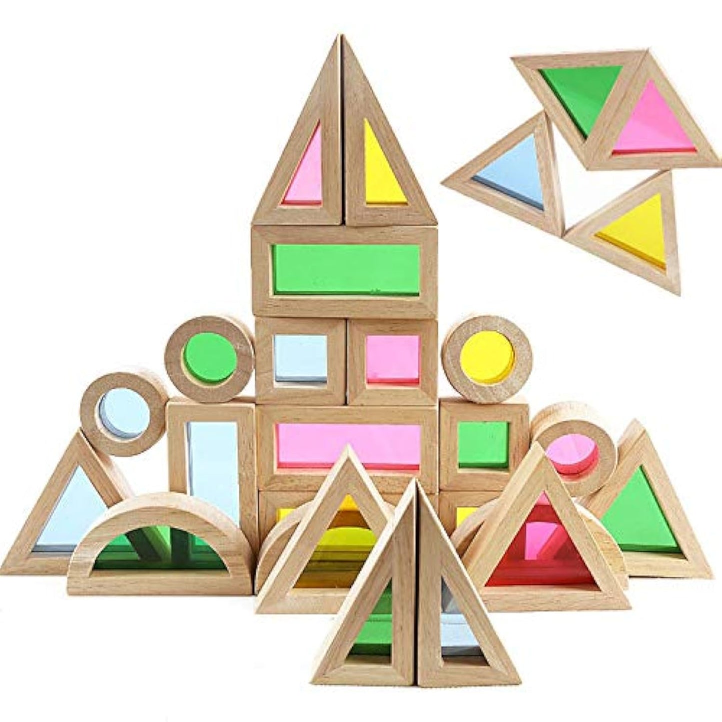 Agirlgle Wood Building Blocks Set for Kids – 24 Pcs Rainbow Stacker & Geometry Blocks