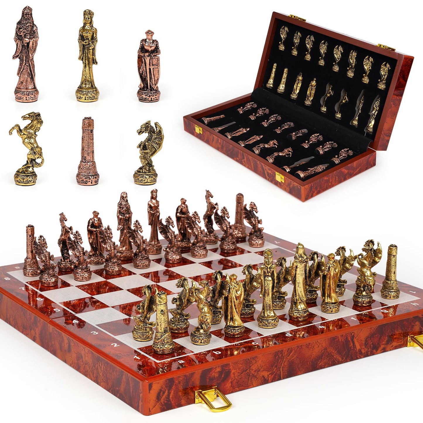 Agirlgle Vintage Metal Chess Set on 15-Inch Wooden Board | Portable Travel Chess