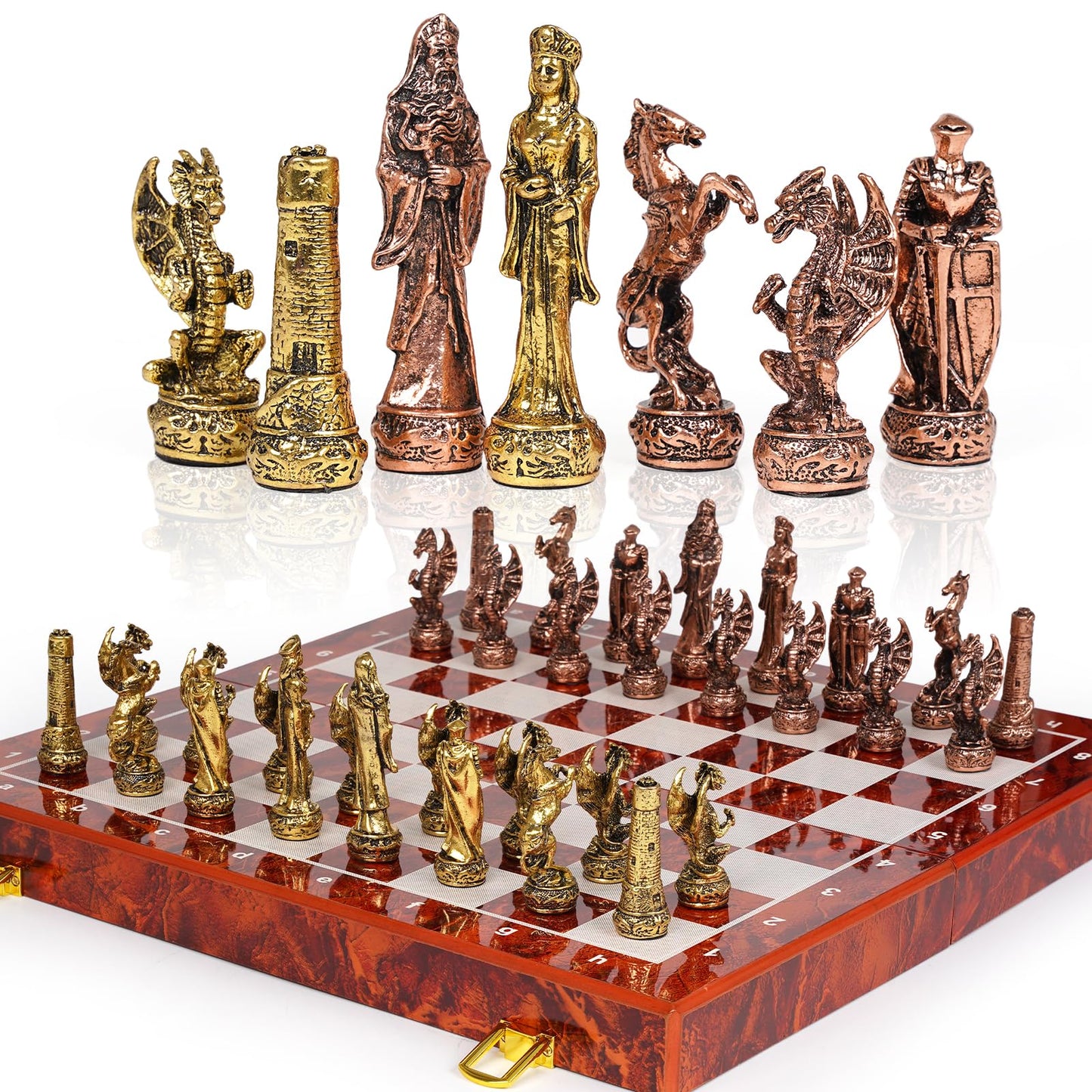 Agirlgle Vintage Metal Chess Set on 15-Inch Wooden Board | Portable Travel Chess