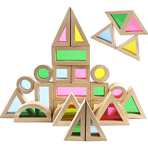 Agirlgle Wood Building Blocks Set for Kids – 24 Pcs Rainbow Stacker & Geometry Blocks