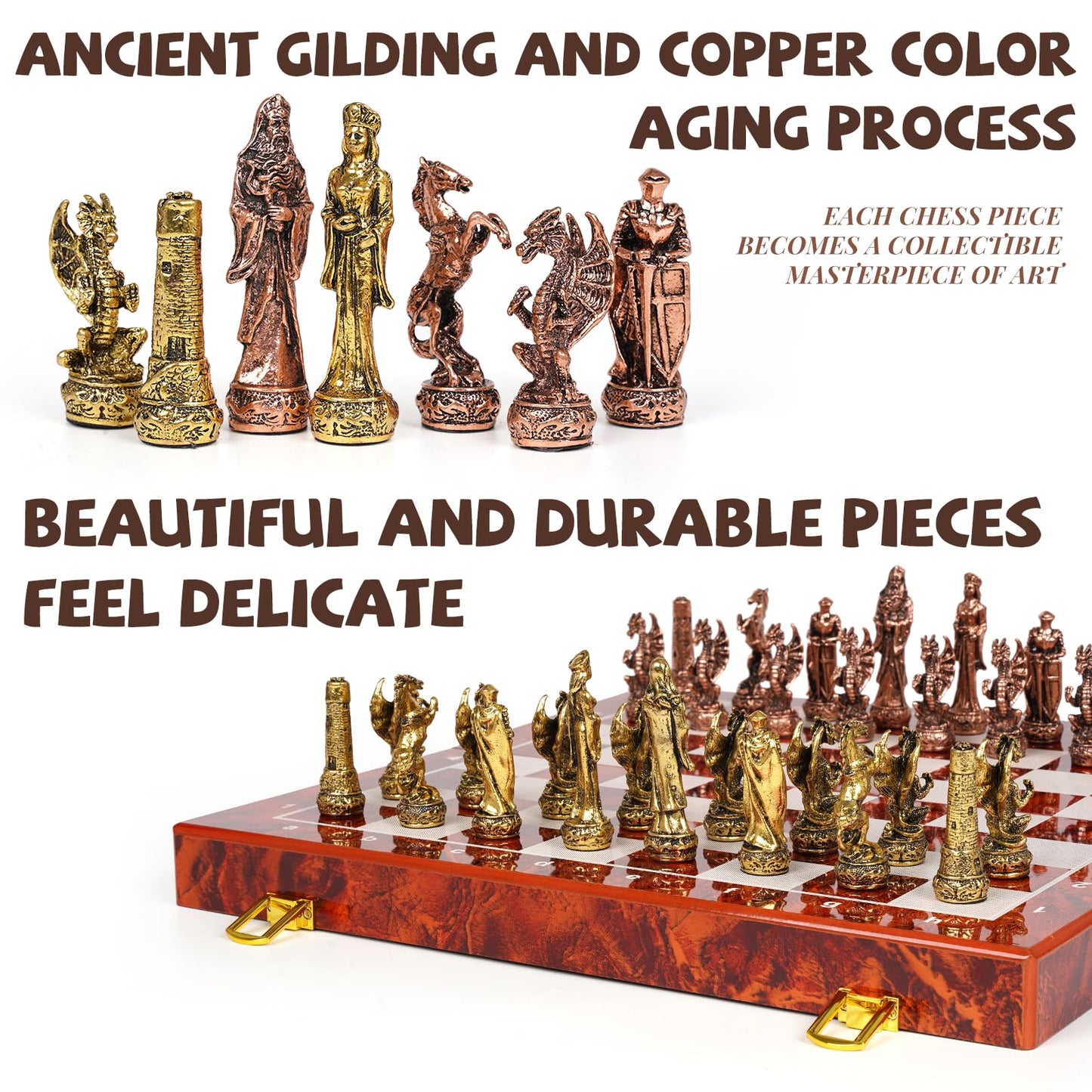Agirlgle Vintage Metal Chess Set on 15-Inch Wooden Board | Portable Travel Chess
