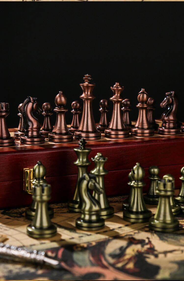 Agirlgle Retro Metal Chess Set with Folding Wooden Board – Classic Handmade Pieces for Kids & Adults