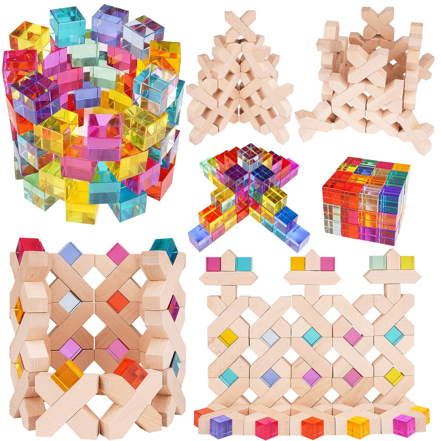 Agirlgle Wooden Rainbow Blocks – Montessori Rainbow Stacker Toy (80 Pcs)