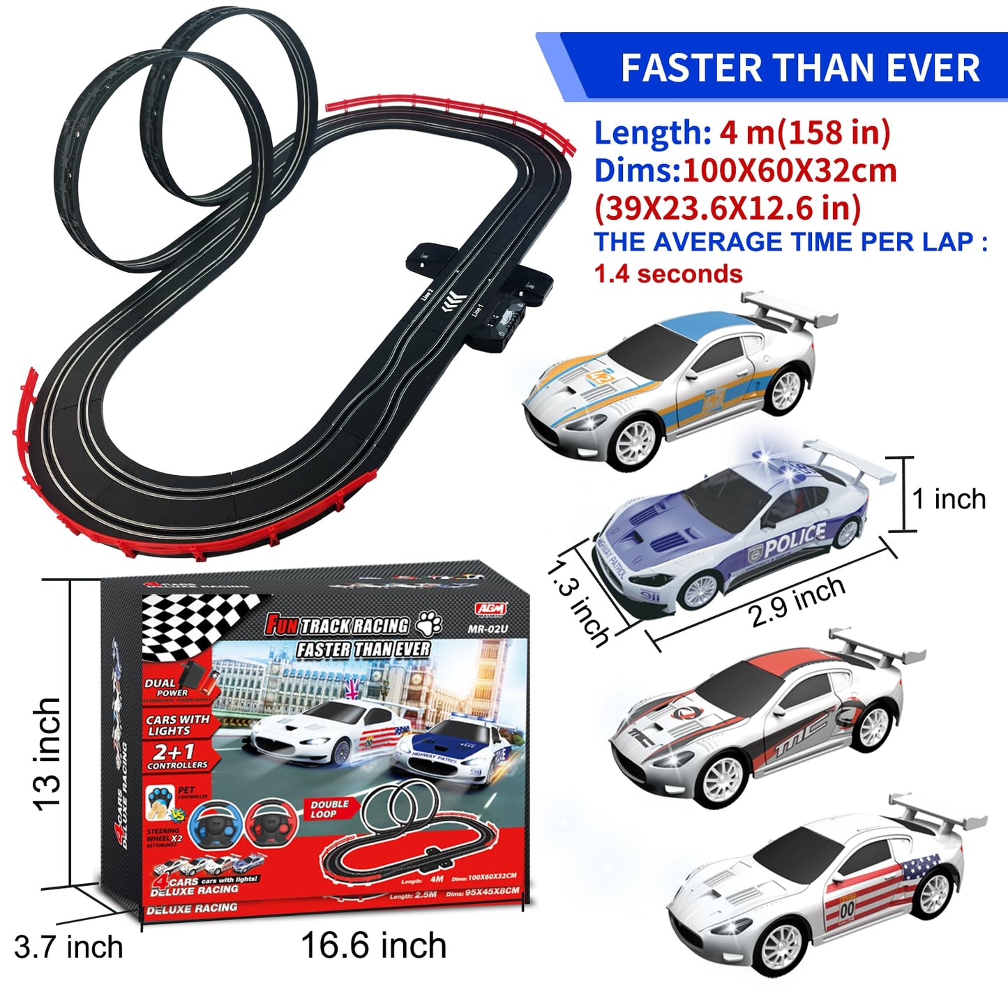 AGM MASTECH Slot Car Race Track Set – Dual Track, 4 Licensed Cars, 2 Remotes, Lap Counter