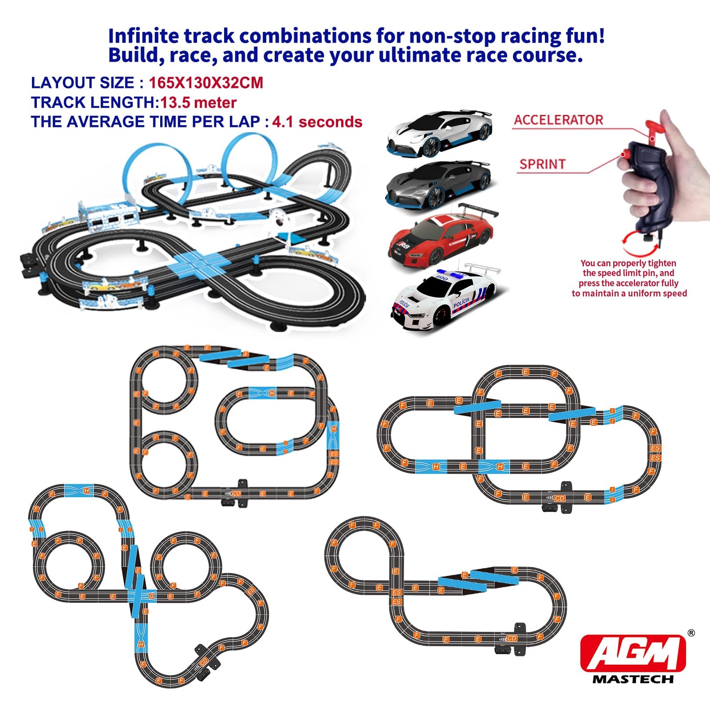 AGM MASTECH High Speed Series Tram Dual Track Set – Licensed Slot Car Racing with 4 Vehicles & 2 Controllers