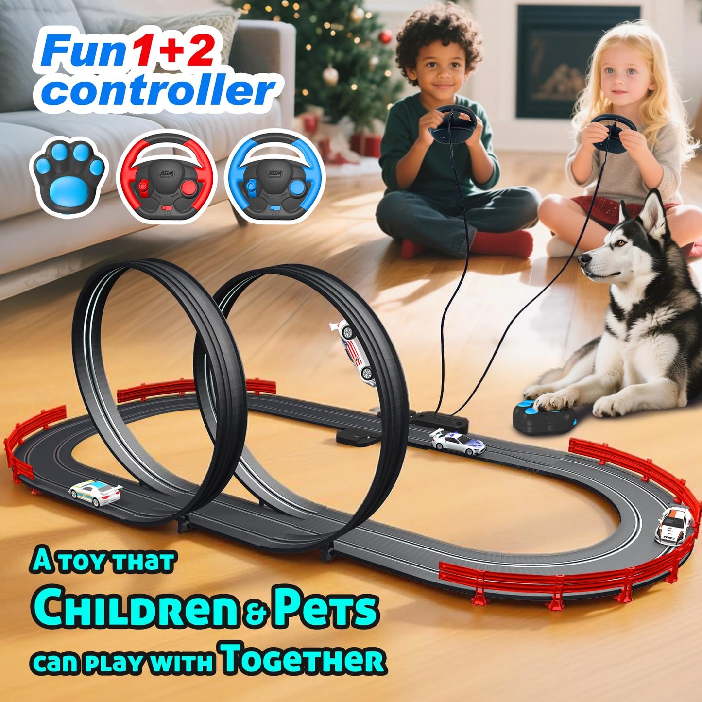AGM MASTECH Slot Car Race Track Set – Dual Track, 4 Licensed Cars, 2 Remotes, Lap Counter