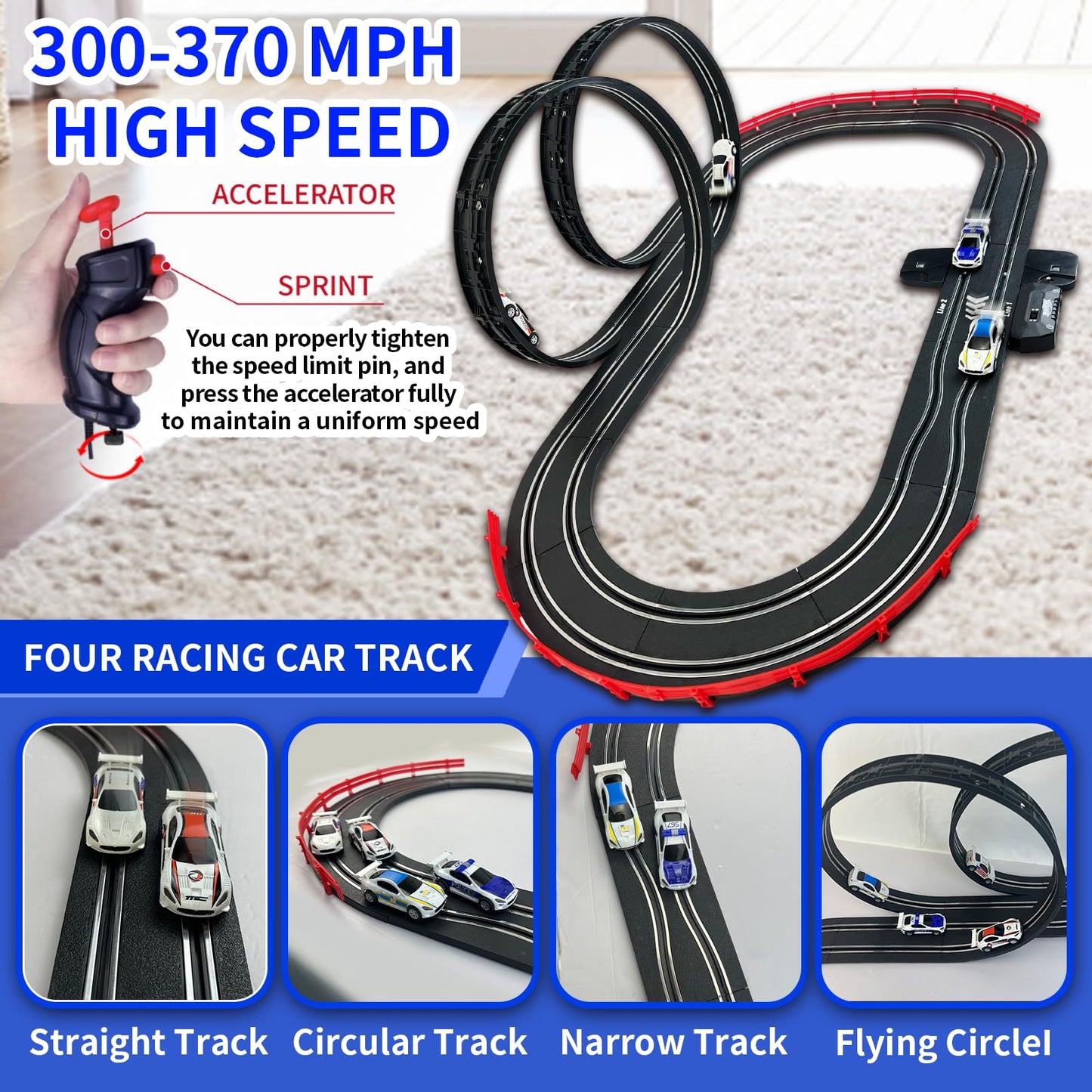AGM MASTECH Slot Car Racing Track Set – 4 Cars, Battery or Electric Power, Gift for Ages 8+