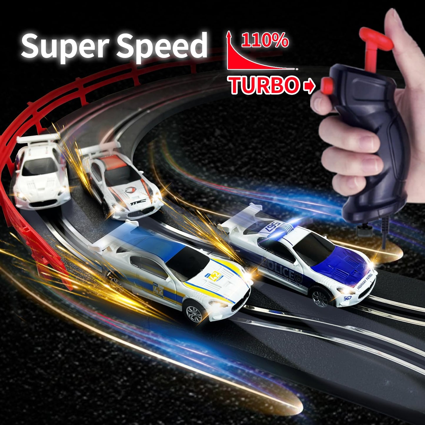 AGM MASTECH Slot Car Racing Track Set – 4 Cars, Battery or Electric Power, Gift for Ages 8+