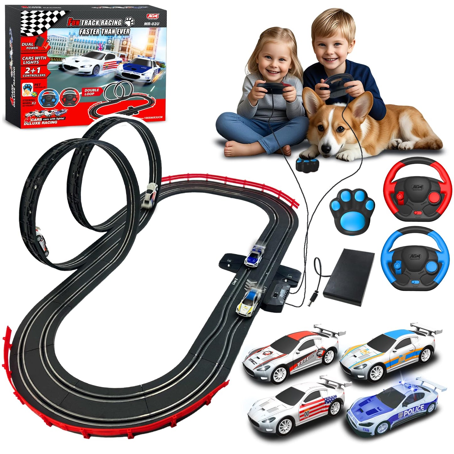 AGM MASTECH Slot Car Race Track Set – Dual Track, 4 Licensed Cars, 2 Remotes, Lap Counter
