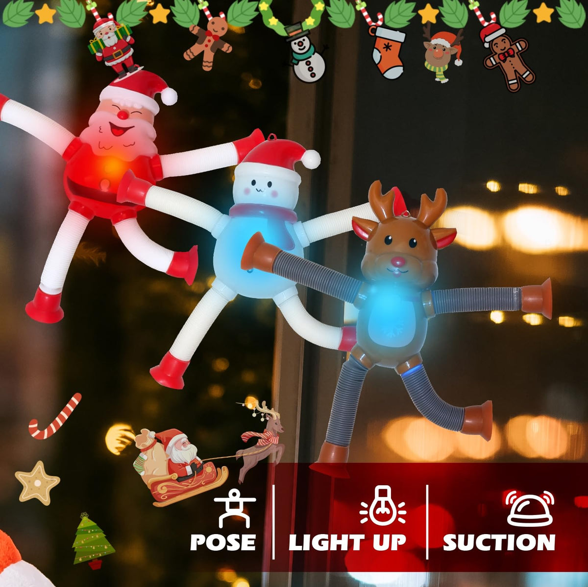 AGRASIV Christmas LED Pop Tubes – 4 Pcs Sensory Fidget Toys with Suction Cups | Party Favors & Stocking Stuffers
