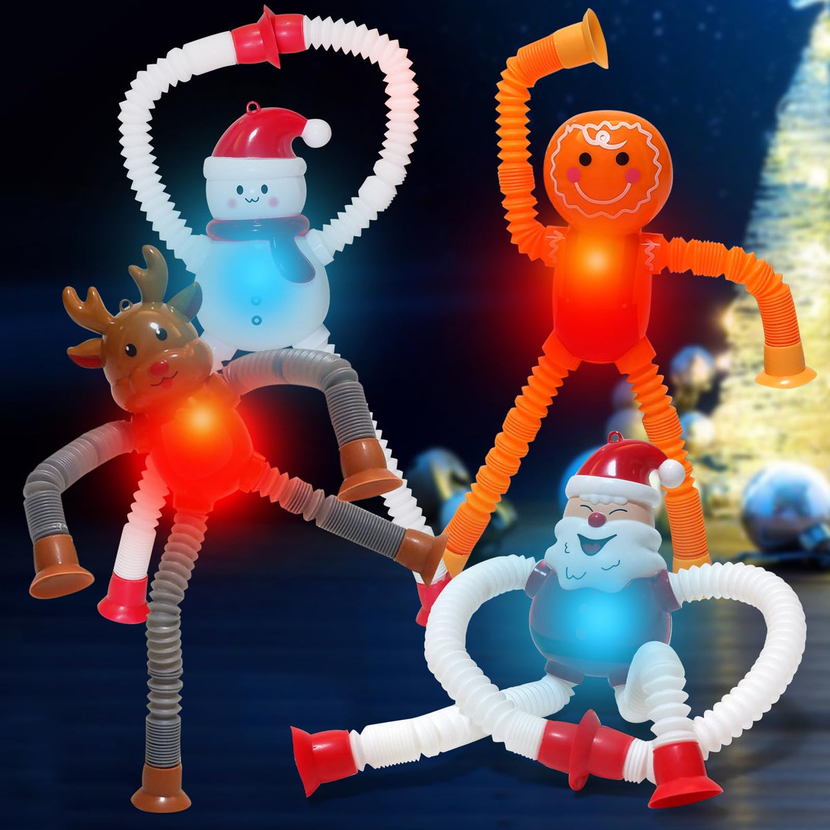 AGRASIV Christmas LED Pop Tubes – 4 Pcs Sensory Fidget Toys with Suction Cups | Party Favors & Stocking Stuffers