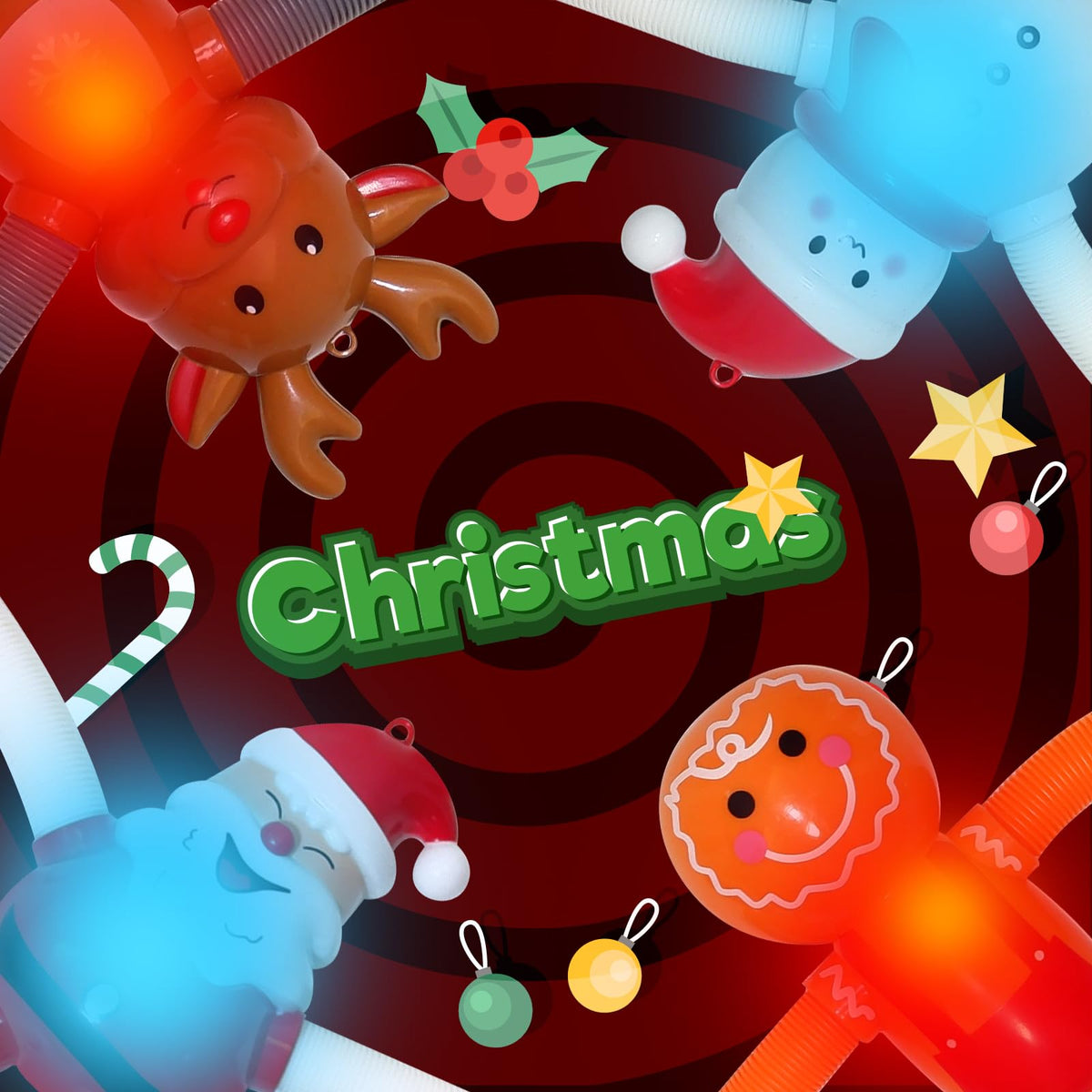 AGRASIV Christmas LED Pop Tubes – 4 Pcs Sensory Fidget Toys with Suction Cups | Party Favors & Stocking Stuffers