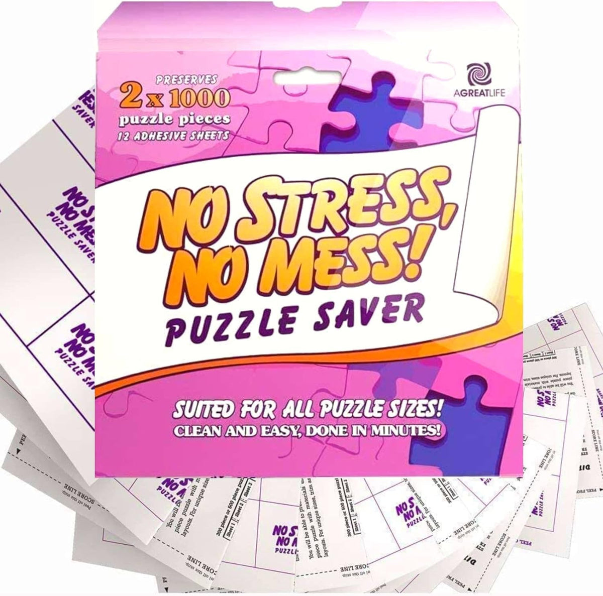 AGREATLIFE Permanent Adhesive Puzzle Saver Sheets – Preserve 2,000-Piece Puzzles (12 Sheets + 4 Hangers)
