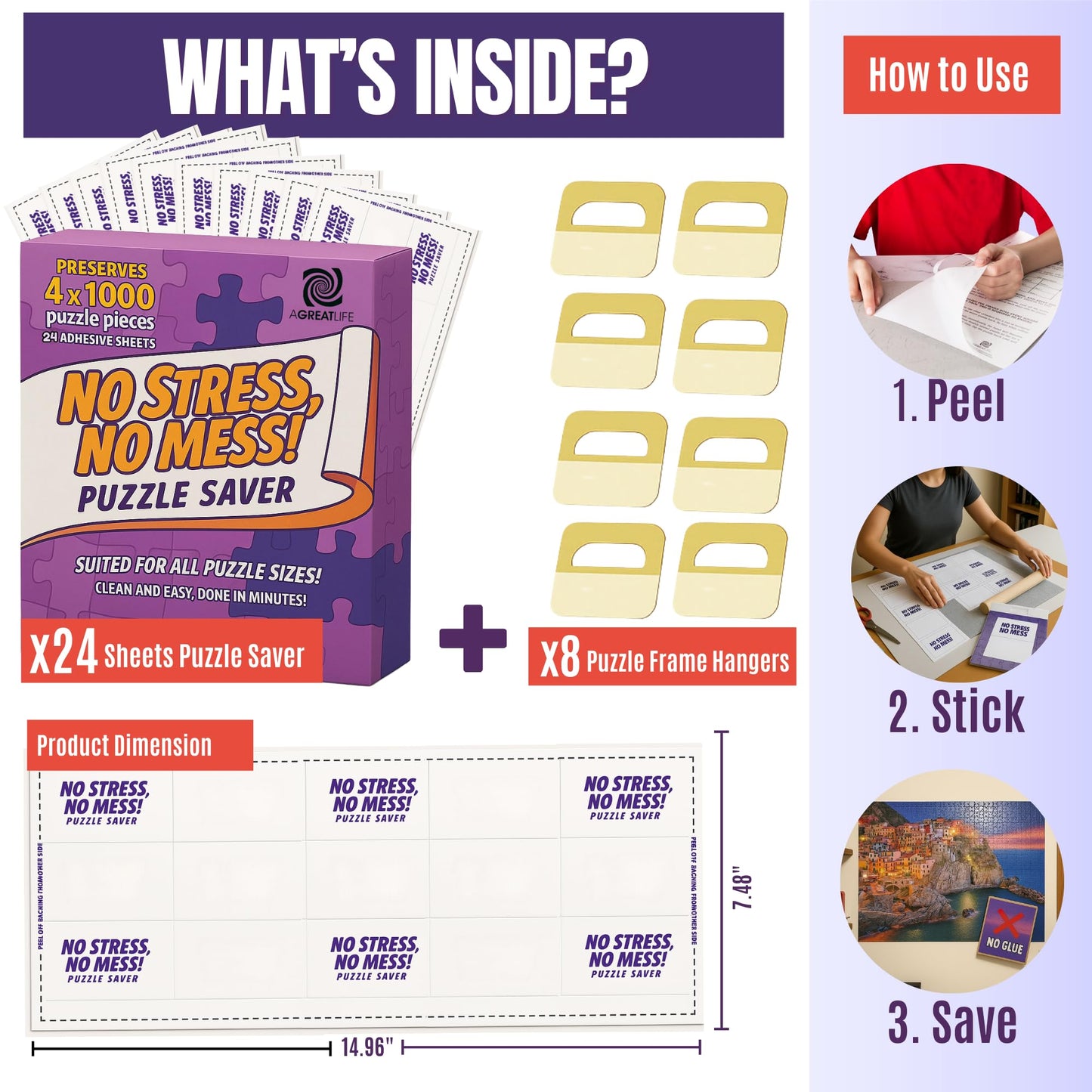 AGREATLIFE 24 Adhesive Puzzle Saver Sheets – Preserve 4x1000-Piece Puzzles