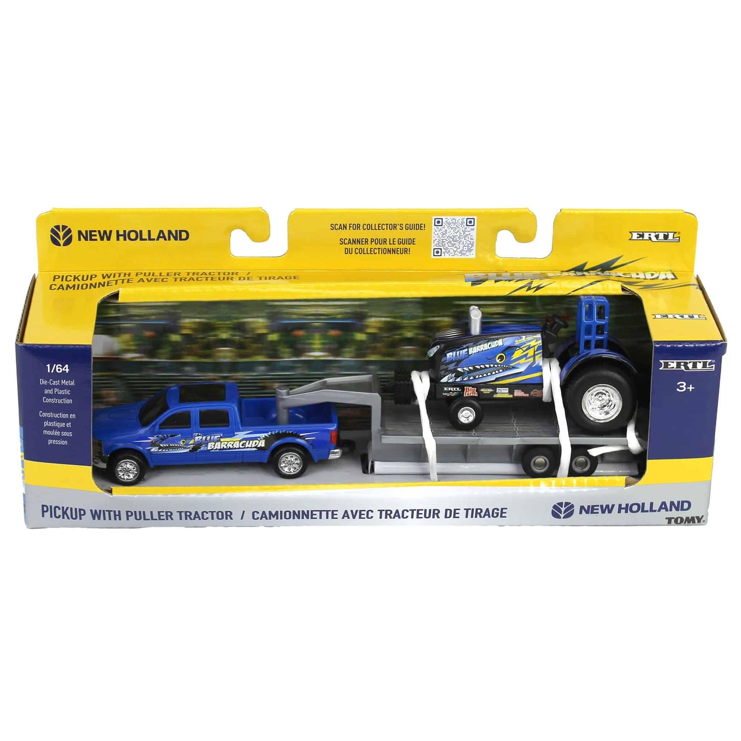 Agriculture 1/64 New Holland Blue Barracuda Pulling Tractor with Pickup Truck & Trailer – 47570