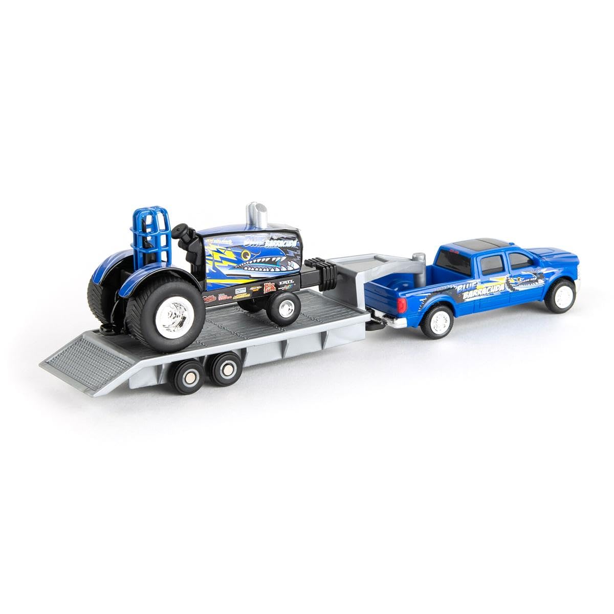 Agriculture 1/64 New Holland Blue Barracuda Pulling Tractor with Pickup Truck & Trailer – 47570